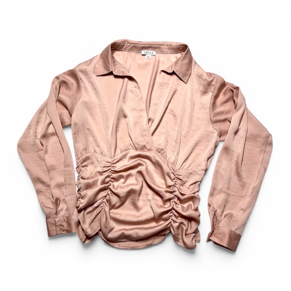 VENUS Ruched V Neck Blouse - Dusty Rose size 16